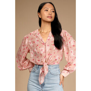 Lulus Bloom Of One's Own Blush Floral Print Button-up Tie-front Top Pink